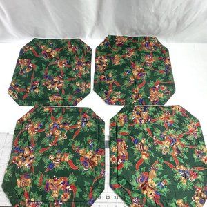 Vintage Christmas Teddy Bear & Toys Fabric Table Placemats 13” Set Of 4 Green